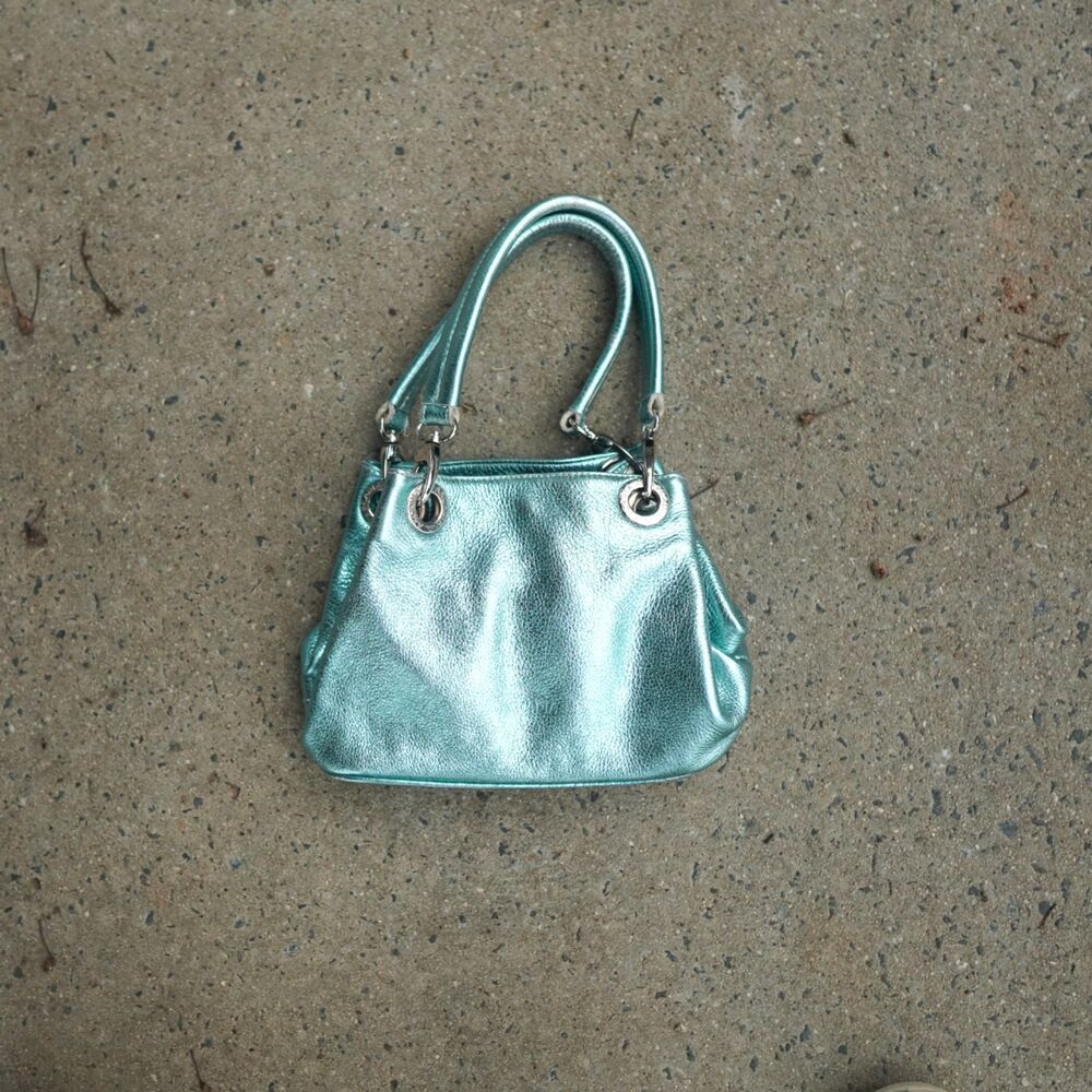 Arcadia Italy Metallic Turquoise Leather Grommet Shoulder Bag Y2K Vintage RARE